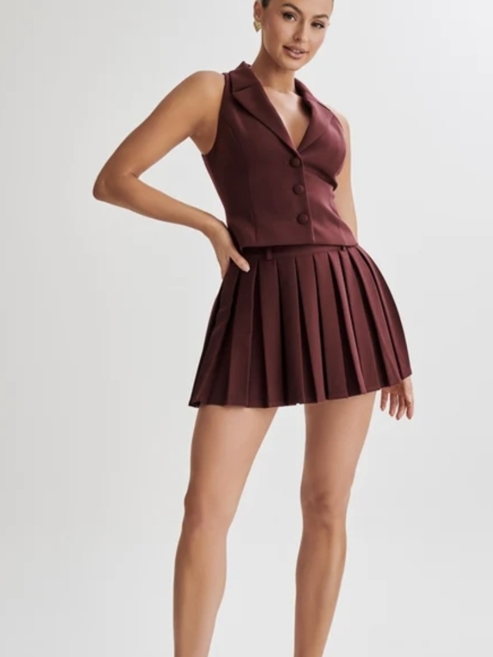 MESHKI Women's Pleated Mini Skirt Set in Deep Burgundy [Brand New]